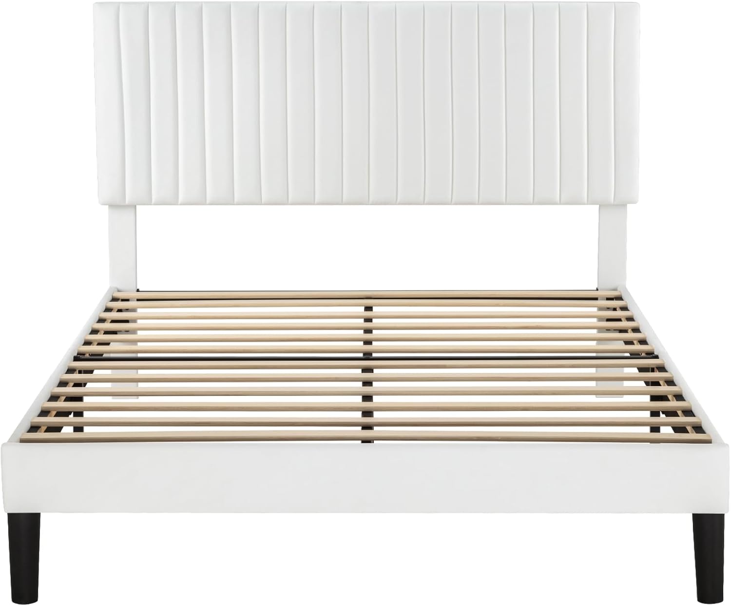cama de plataforma tapizada en terciopelo con cabecero de canal vertical ajustable, base de colchón con listones de madera fuertes, somier opcional, fácil montaje, blanco