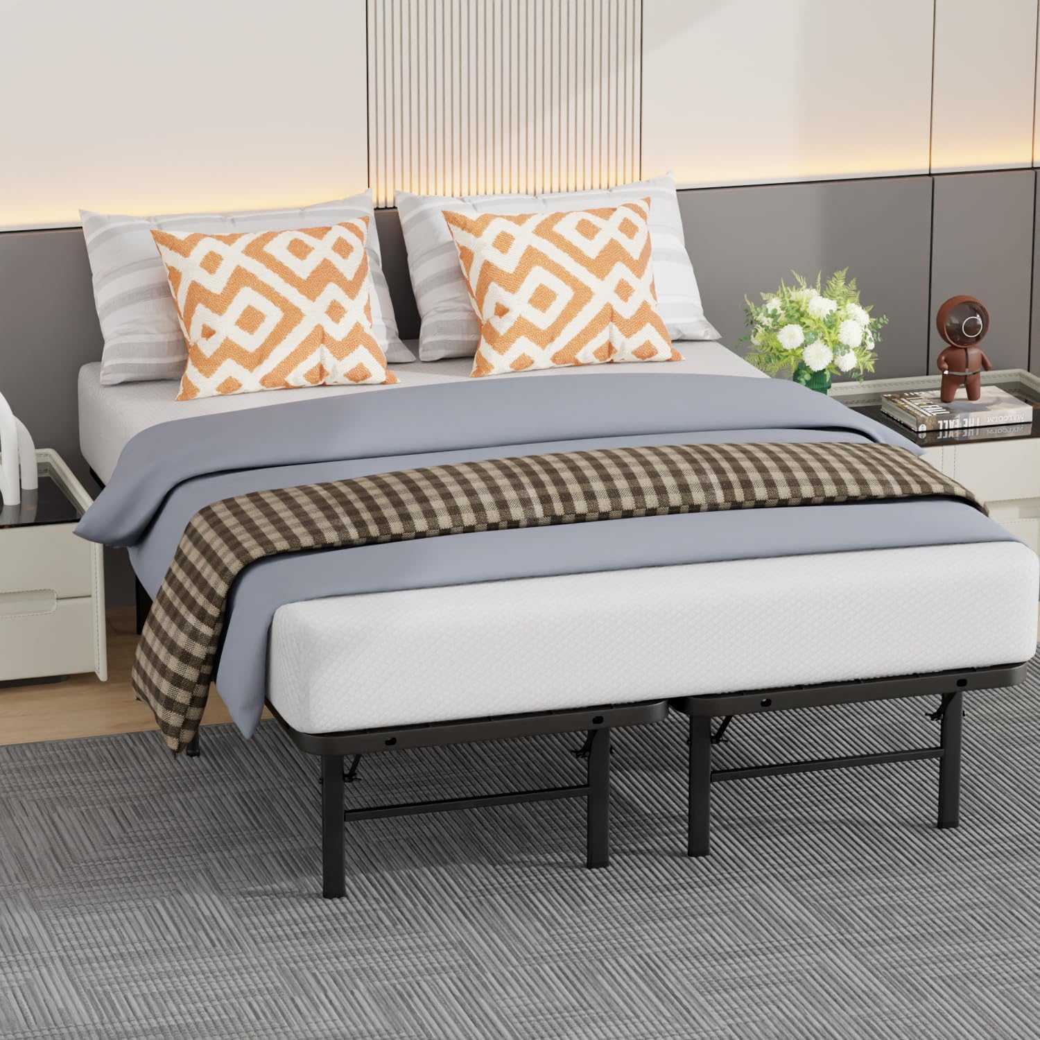 de 6 pulgadas - Plataforma de metal resistente Tamaño completo, Marco de cama de metal Soporte de listones de acero resistente, Fácil montaje Sin ruido con espacio de almacenamiento No se necesita somier, Negro