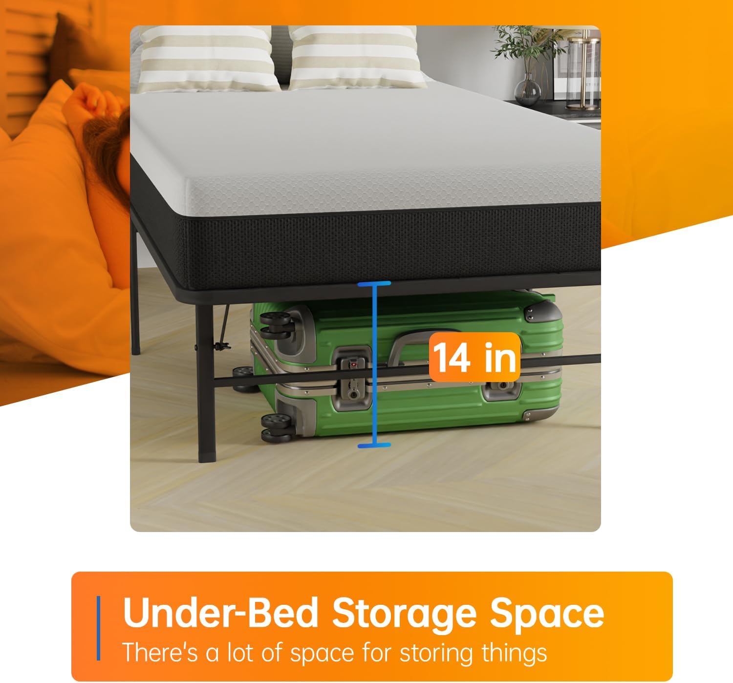 de 6 pulgadas - Plataforma de metal resistente Tamaño completo, Marco de cama de metal Soporte de listones de acero resistente, Fácil montaje Sin ruido con espacio de almacenamiento No se necesita somier, Negro