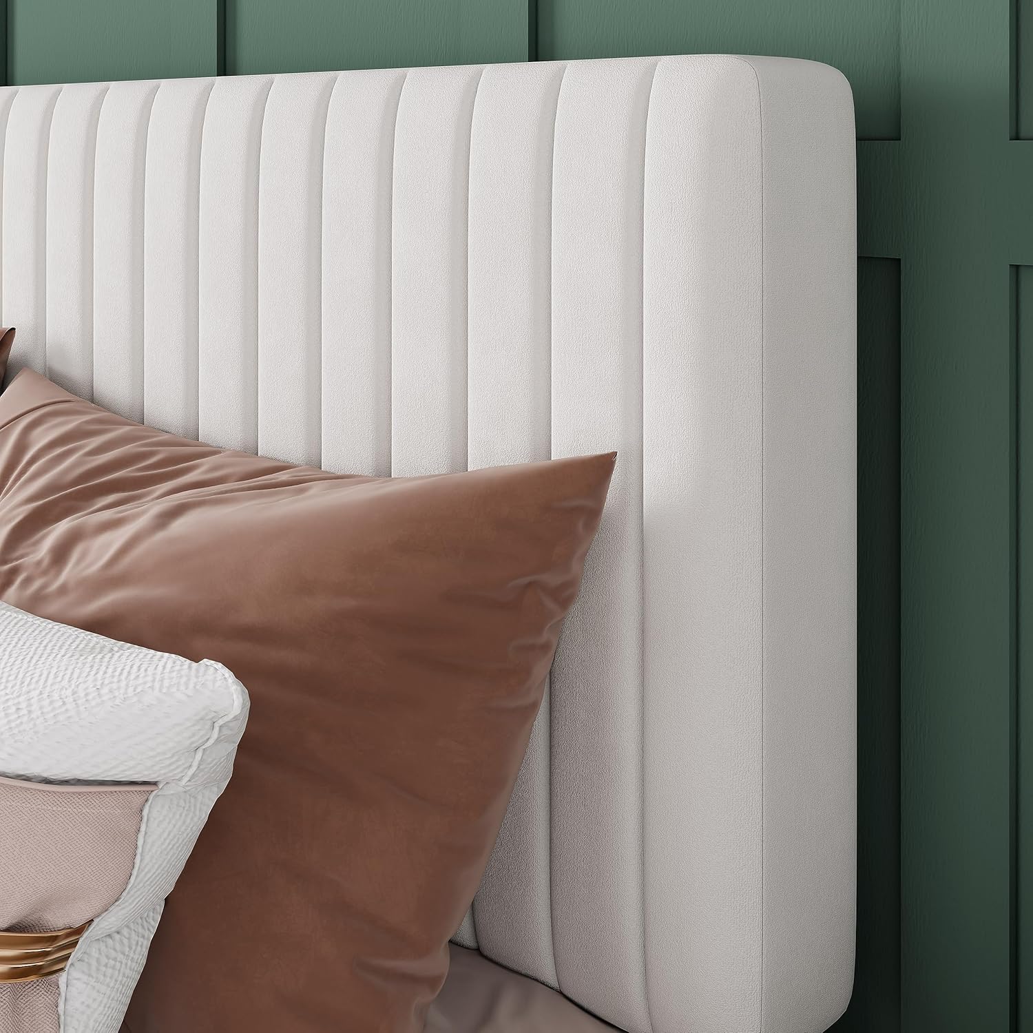 cama de plataforma tapizada en terciopelo con cabecero de canal vertical ajustable, base de colchón con listones de madera fuertes, somier opcional, fácil montaje, blanco